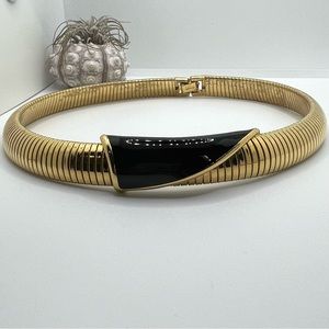 MONET Vintage Golden Accordion Black Enamel Necklace!